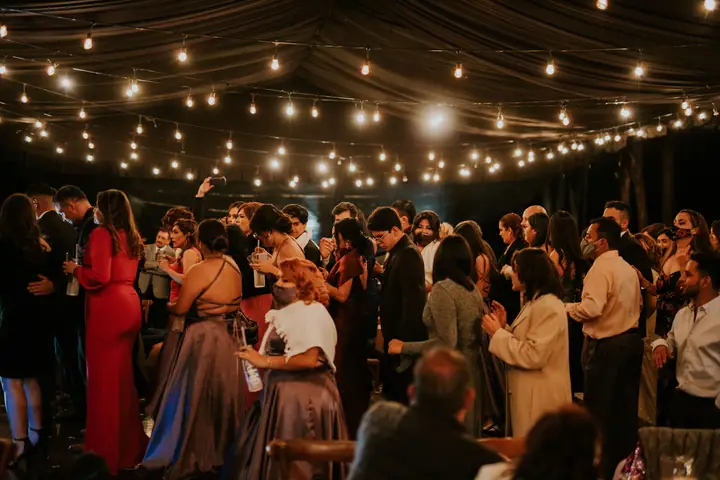 A reception under string lights